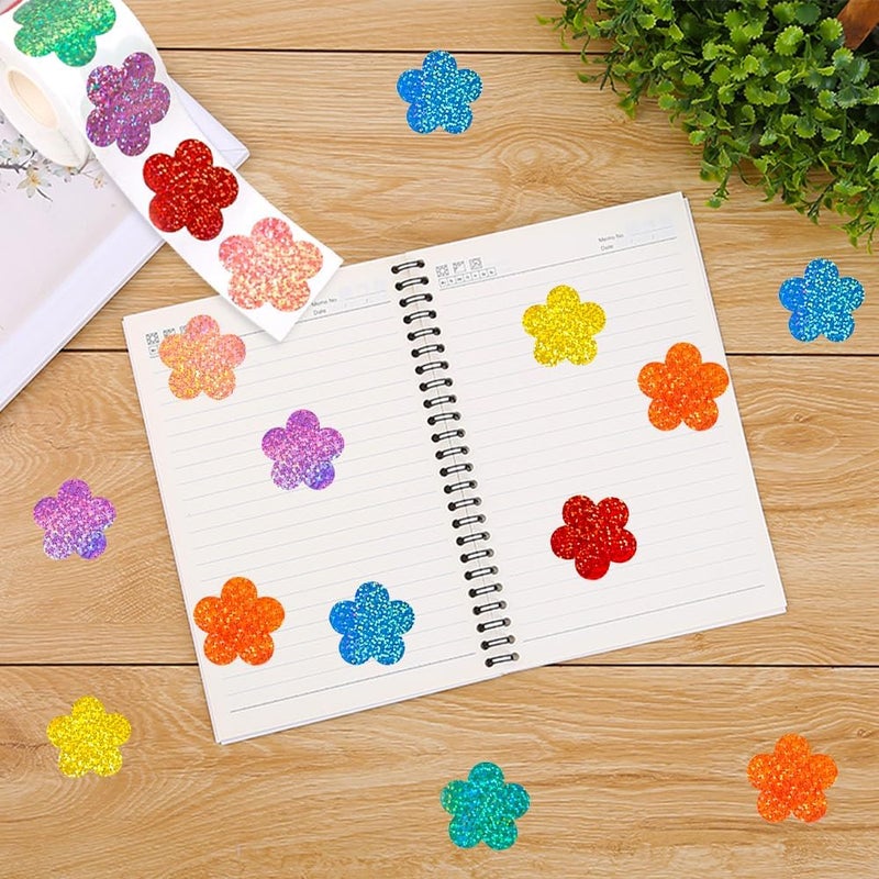 RUPOFUZA 500Pcs Spring Vinyl Floral Stickers Roll 1in Glitter Stickers 8 Colors Flower Label Tag Self-Adhesive Classroom Reward Waterproof Decals for Envelope Bottle Birthday Party Decor - Image 5